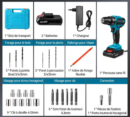 KIT TALADRO INALÁMBRICO y IMPACTO + 26 ACCESORIOS + 2 BATERIAS REGALO